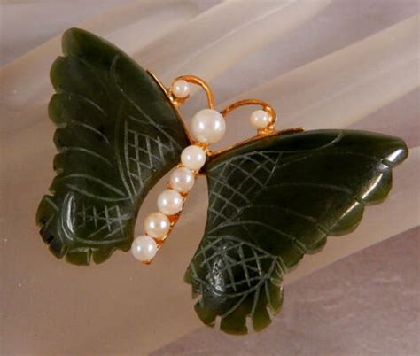 Swoboda Pre 1966 Carved Jade And Pearl Butterfly Brooch Pin Vintage