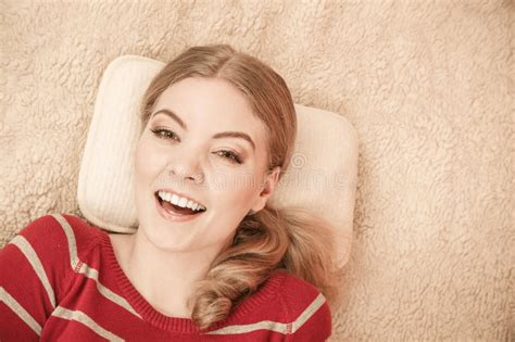 Happy Smiling Woman Girl Relaxing In Bed Stock Image Image Of