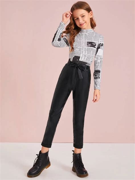 Shein Girls Elastic Waist Belted Leather Look Pants Girl Fashion