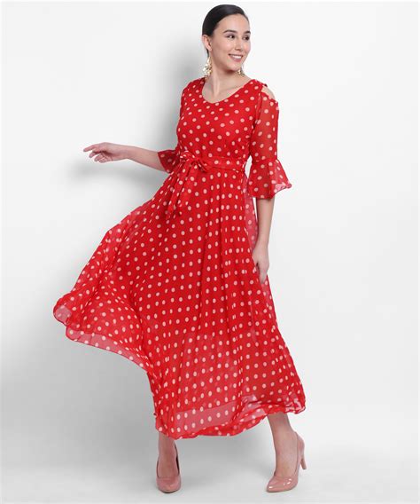 Buy Shivalaya Rwd Ab Red Polka Dot V Neck Dress With Waist Knotes