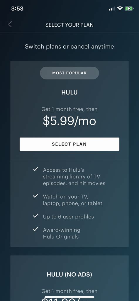 Screenshot Of Hulu Select Plan