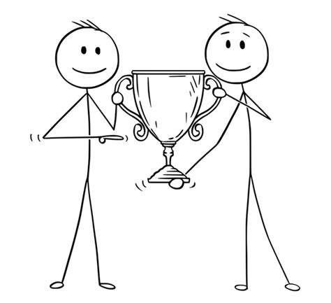 Cartoon Of Two Men Or Businessmen Holding Together Trophy Cup For
