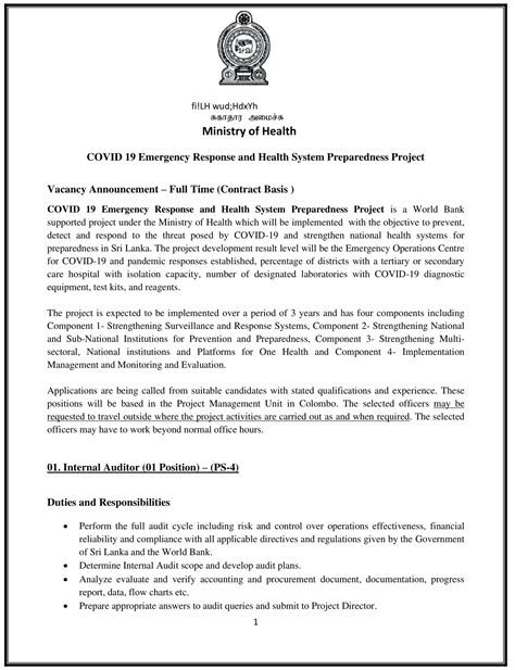 Internal Auditor, Project Secretary - Ministry of Health