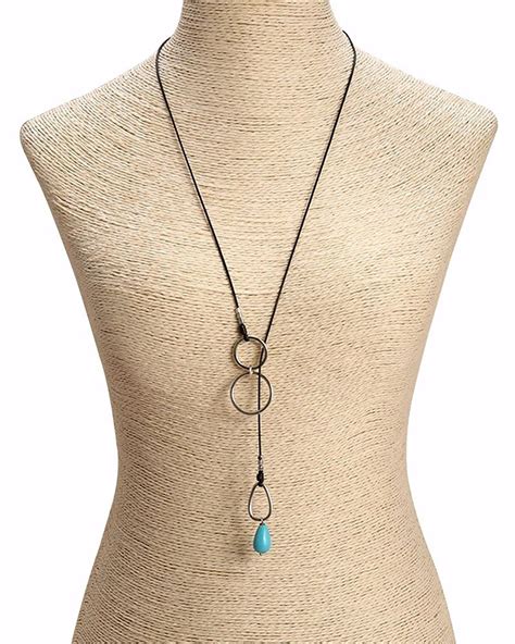 Handmade Women Long Lariat Turquoise Necklace On Waxed Cord Charm