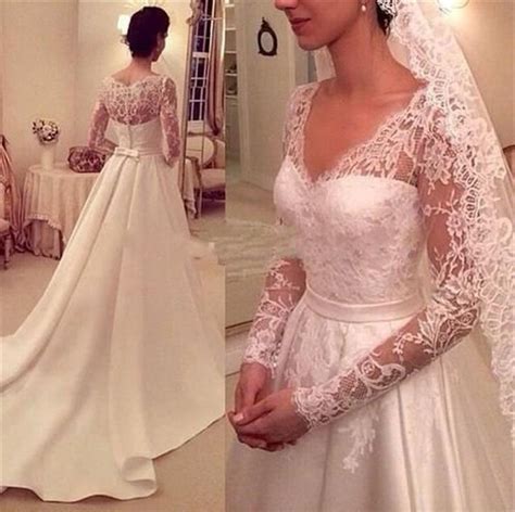 184 99us Elegant A Line Long Sleeves Lace Wedding Dresses V Neck Satin Wedding Bri Long