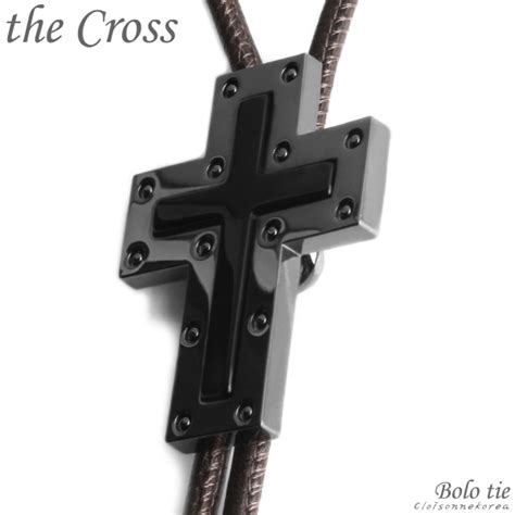 Bolo Tie Gemstone Onyx Genuine Leather Glossy Black Metal The Cross