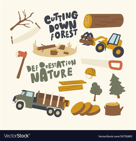 Set Icons Deforestation And Tree Cutting Theme Vector Image