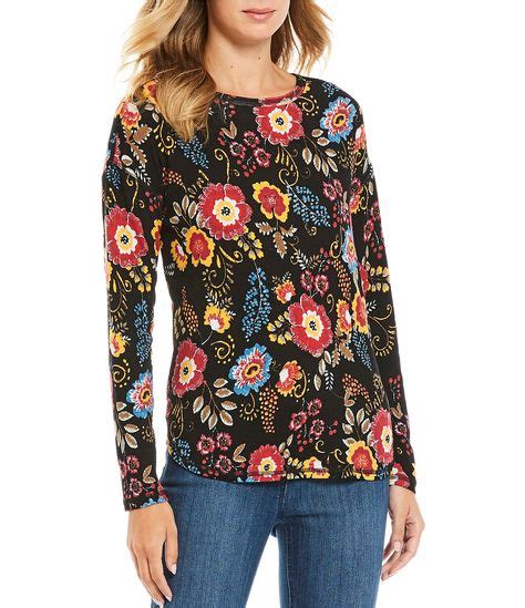 Black Floral Print Long Sleeve Crew Cotton Blend Tee In 2020 Floral