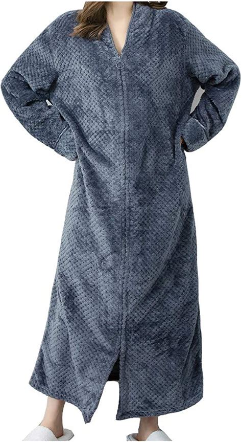 Women S Zip Up Fleece Robe Warm Loose Sherpa Bathrobe Plush Zipper Lounger Robe Grey M At