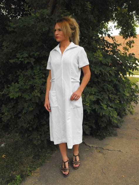 Vintage Nurse Uniform Zip Up Down Dress White 70s M L Etsy Nursing Dress Nurse Uniform