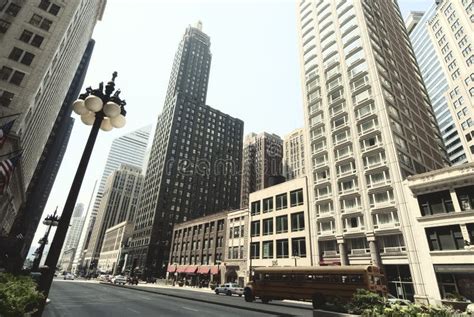 Street View Of Chicago Downtown Urban Landscape With Towers And