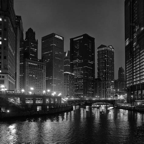Chicago River At Night Black And White Night Photograph Of Downtown C