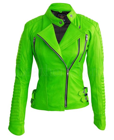 Leather Skin Women Parrot Green Brando Shoulder Padded Genuine Leather Jacket Plus Size Leather