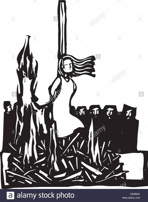 Expressionist Woodcut Style Womansaint Or Witch Being Burned At The
