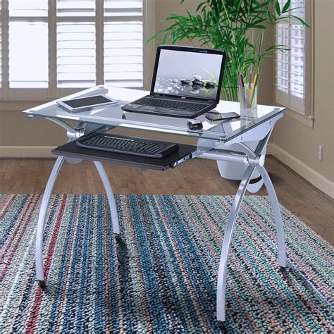 Kepooman 43 Modern Clear Glass Top Computer Desk With Pull Out