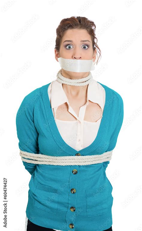 Hostage Kidnap Situation Scared Woman Tired With Rope Stock Photo