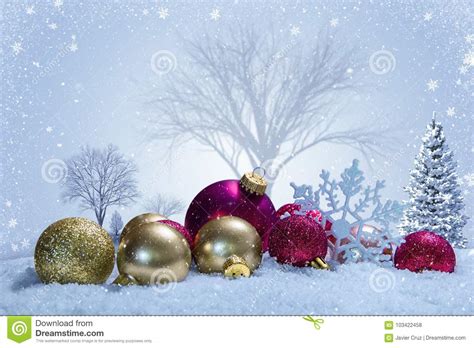Christmas Scene With Ornaments And Snow Stock Photo