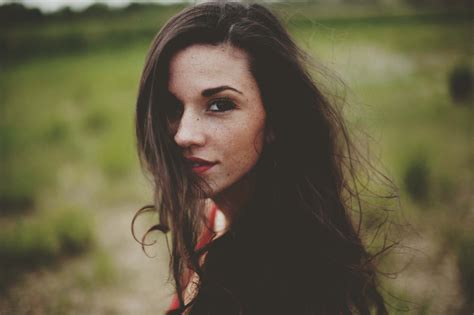 Model Women Long Hair Freckles Portrait Face Women Outdoors Depth Of Field Looking At