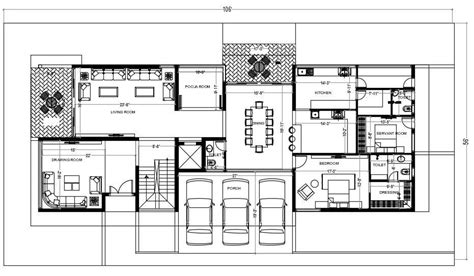 6000 Square Feet House Ground Floor Plan With Furniture Layout Dwg File