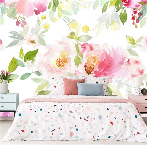 Watercolor Flowers Peony Mural Removable Wallpaper Peel And Etsy