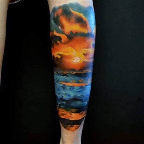 All the brightest colors, our design or yours! 90 Sunset Tattoos For Men - Fading Daylight Sky Designs