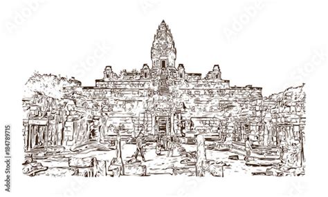 Angkor Wat Temple Cambodia Hand Drawn Sketch Illustration In Vector