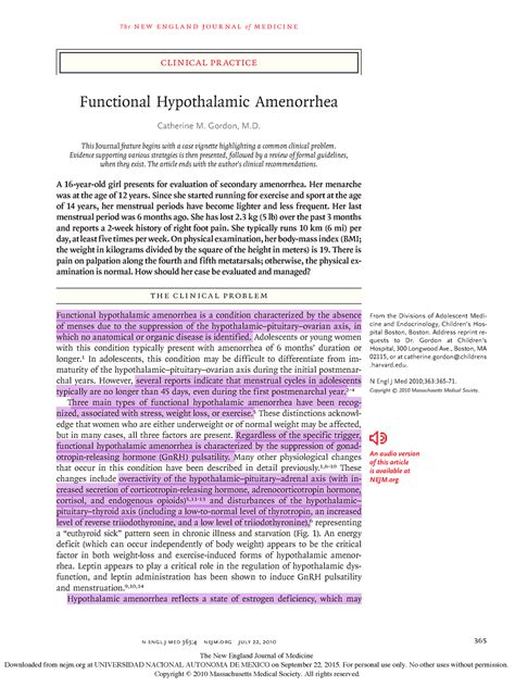 2010 Functional Hypothalamic Amenorrhea Clinical Practice T H E N E W