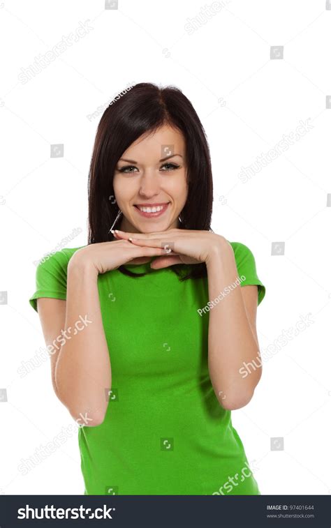 Pretty Excited Woman Happy Smile Young Attractive Girl Wear Green Shirt Holding Hands On Chin