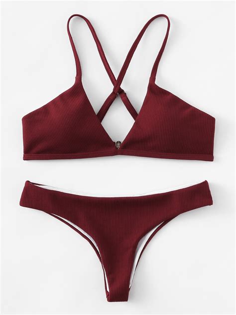 Shop Cross Strap Ribbed Bikini Set Online Shein Offers Cross Strap Ribbed Bikini Set And More To