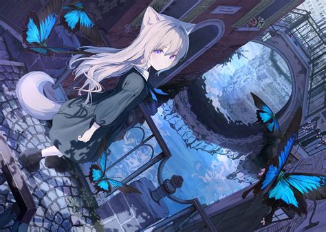 Animal Ears Boots Building Butterfly Dress Gray Hair Long Hair Mikisai