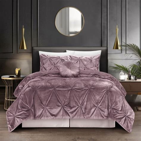 Nilah 5pc Comforter Set Shiny Velvet Pinch Pleated Pintuck Blush