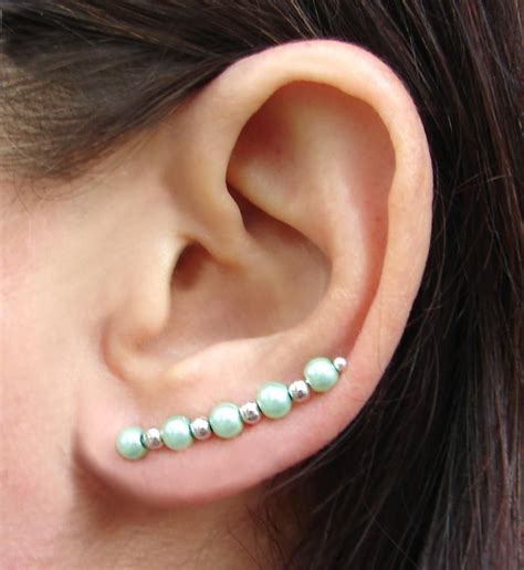 Ear Pins Seafoam Minty Green Pearls Of Glass And Silvery Beads Pair