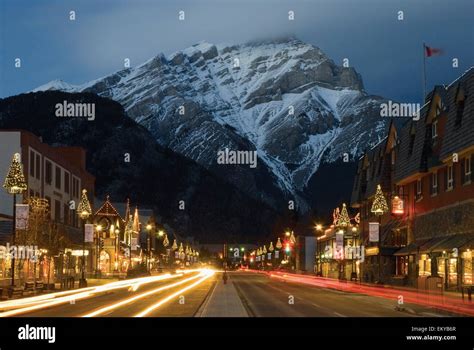 Banff Avenue Illuminated At Night Banff Alberta Canada Stock Photo