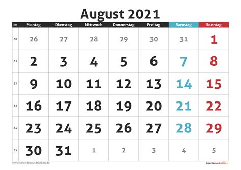 Ferienkalender 2021, 2022 zum herunterladen und ausdrucken. Kalender August 2021 zum Ausdrucken - Kalender 2021 zum Ausdrucken
