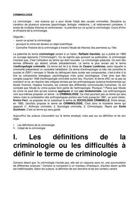 Droit Pénal Criminologie La Criminologie Une Science Qui A Pour