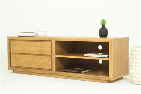 Meuble TV en Teck massif naturel 2 niches et 2 tiroirs 159x45x50cm