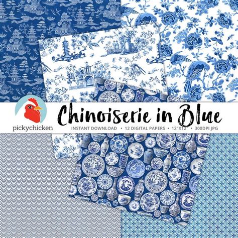Chinoiserie Digital Paper Chinese Patterns Blue And White Etsy
