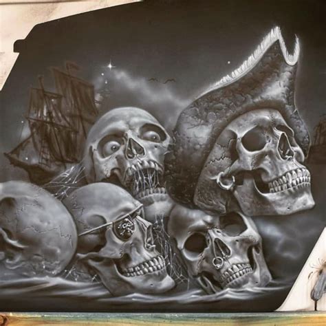 Pirate Skulls Airbrushed Motorcycle Art Painting Black And White Art