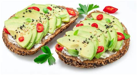 Avocado Toasts Bread With Avocado Slices Pieces Of Chilli Pepper And Black Sesame Isolated On