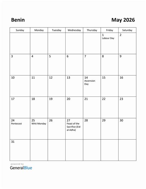 Free Printable May 2026 Calendar For Benin