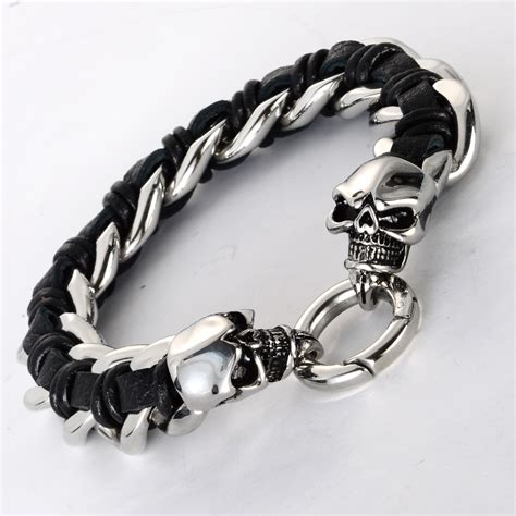 Men Stainless Steel Leather Skull Bracelet 316l Biker Heavy Jewelry