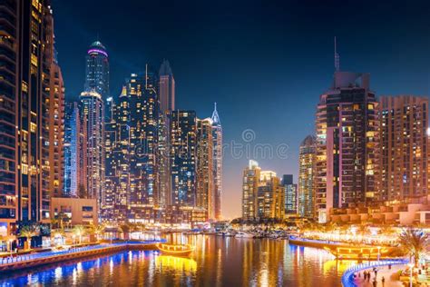 Modern Architecture Of Dubai Marina At Night Unites Arab Emirates