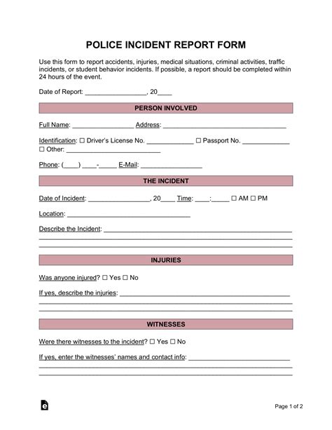 Free Police Incident Report Form Word Pdf Eforms