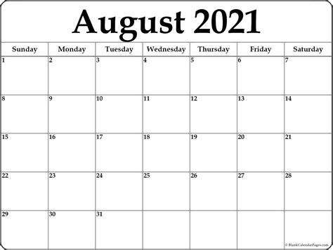 Printable Calendar August 2021 2021 Calendar Printable Free Template