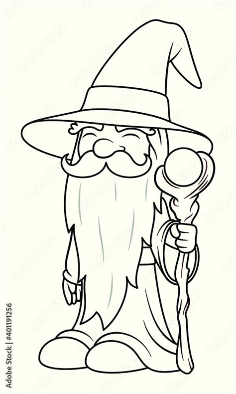 Old Wizard Cartoon Illustration With Long Beard Robe And Hat Holding