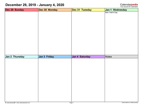2020 Calendar Format Monday Through Friday Week