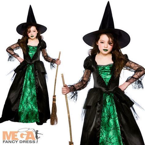 Deluxe Emerald Witch Girls Fancy Dress Halloween Childrens