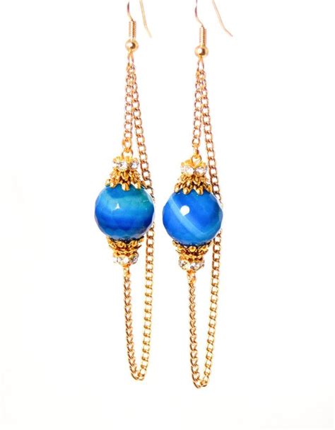 Blue Faceted Agate Stone Gold Crystal Long Dangle Chain Etsy Easy Diy