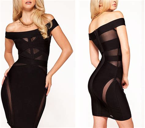 Fashion Sexy Celebrity Bandage Dress Black Ladies Mesh Off Shoulder