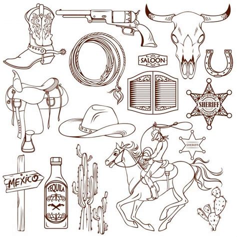 Free Vector Wild West Monochrome Set Western Tattoos Cowboy